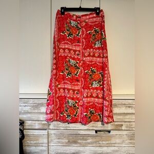 LC Lauren Conrad Red Green A-Line Midi Skirt